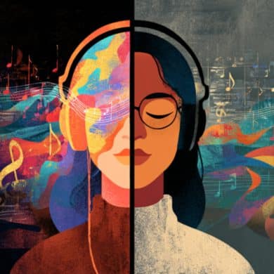 This shows a woman listening to music.