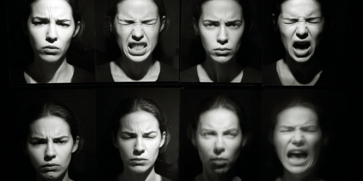 This shows a woman pulling different facial expressions.