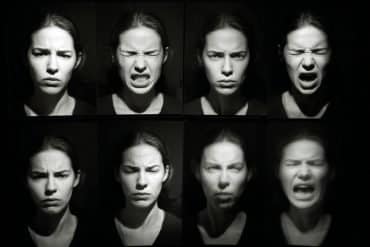 This shows a woman pulling different facial expressions.