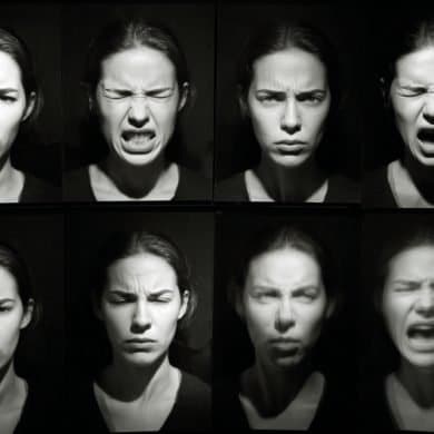 This shows a woman pulling different facial expressions.