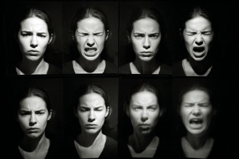 This shows a woman pulling different facial expressions.