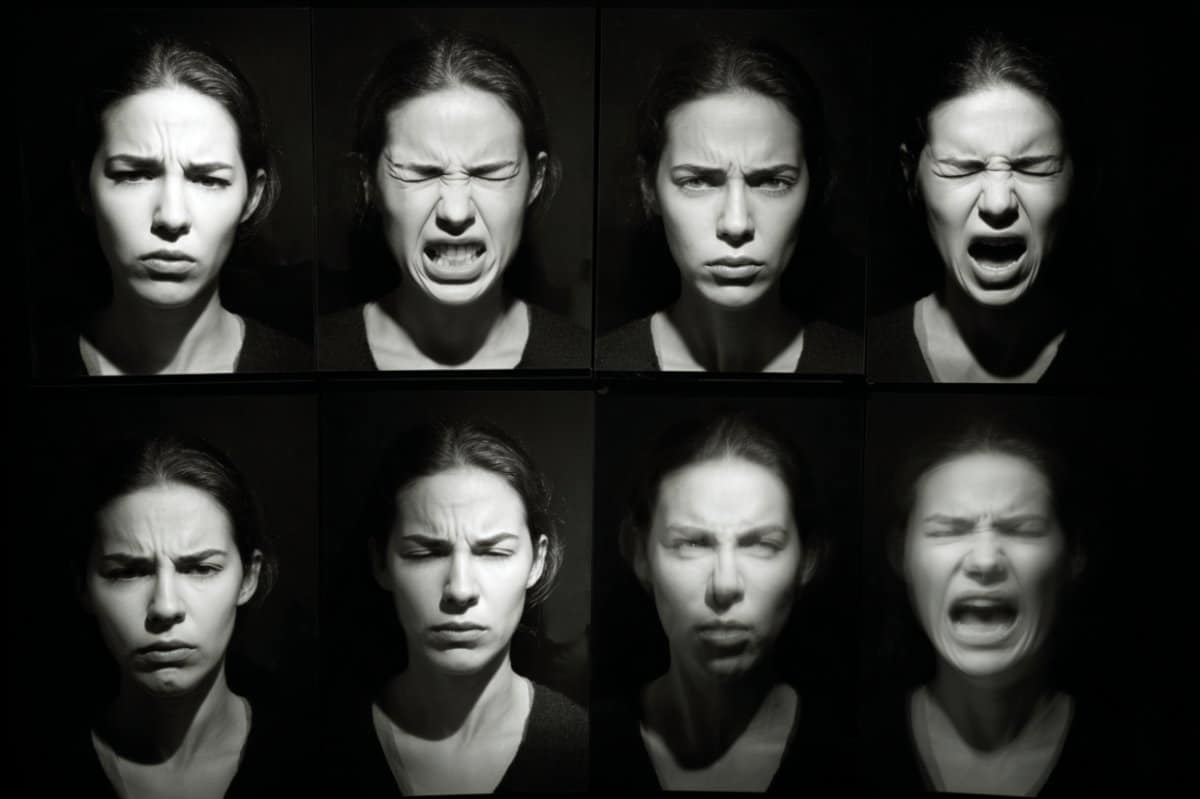 This shows a woman pulling different facial expressions.
