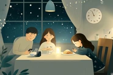 This shows a family eating together.