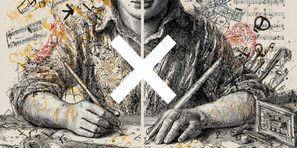 This shows a person drawing with both hands.