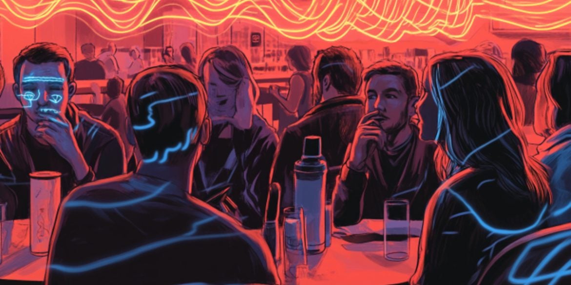 This shows people in a noisy cafe.