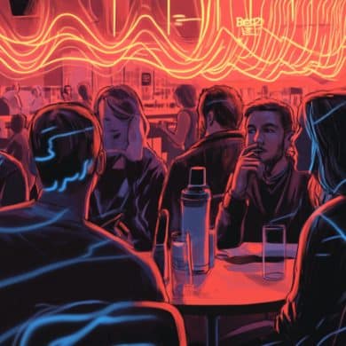 This shows people in a noisy cafe.