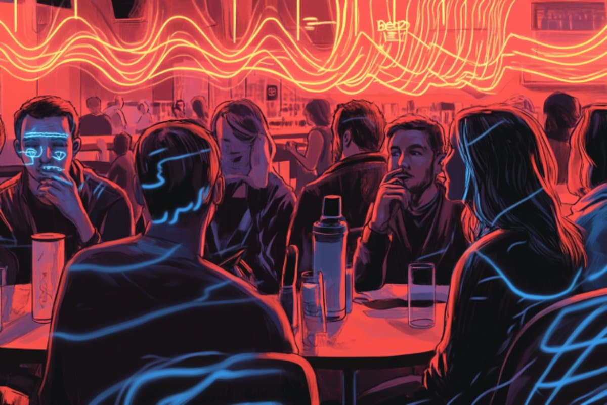 This shows people in a noisy cafe.