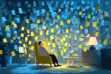 This shows a man sitting in a room full of post-it notes.