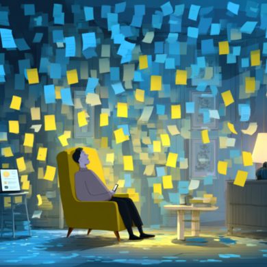This shows a man sitting in a room full of post-it notes.