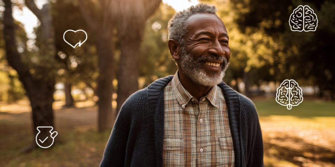 This shows a happy older man.