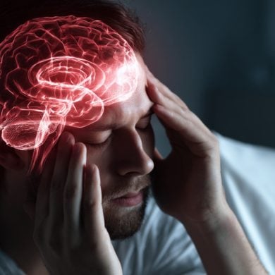 This shows a man holding his head in pain.