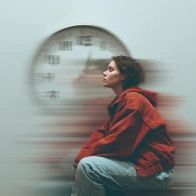 This shows a woman and a clock.