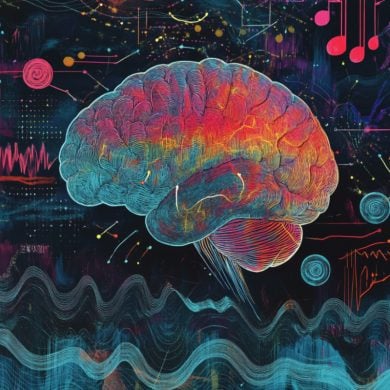 This shows a brain and sound waves.