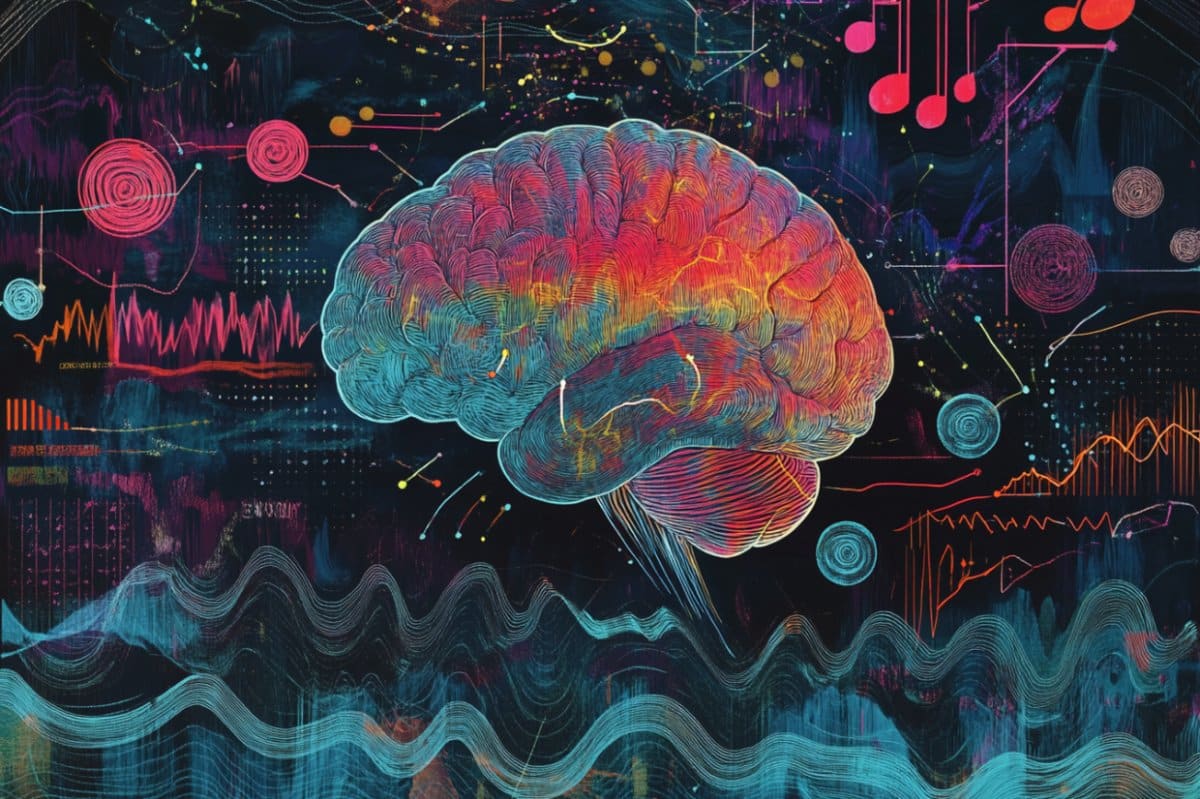 This shows a brain and sound waves.