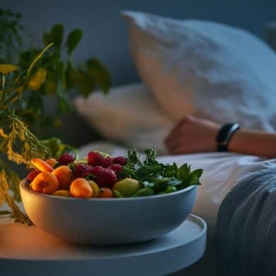 This shows a person sleeping and a bowl of fruit.