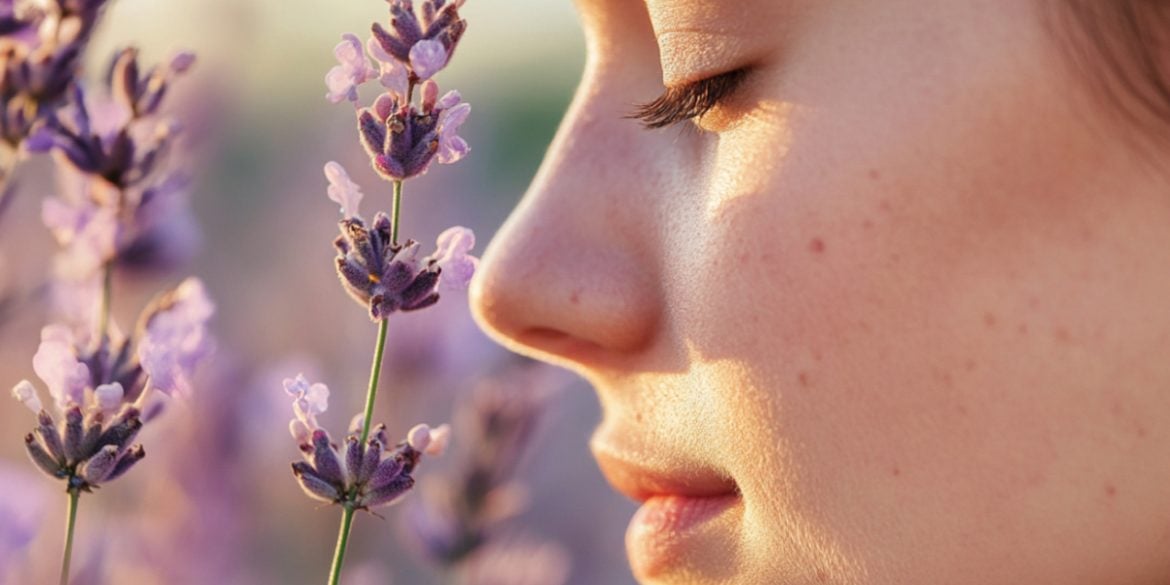 This shows a woman smelling a flower.
