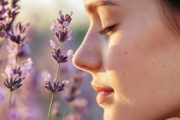 This shows a woman smelling a flower.