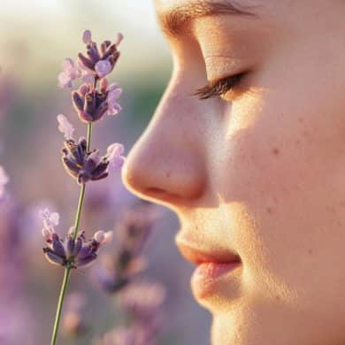 This shows a woman smelling a flower.