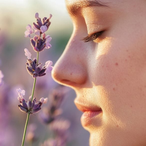 This shows a woman smelling a flower.
