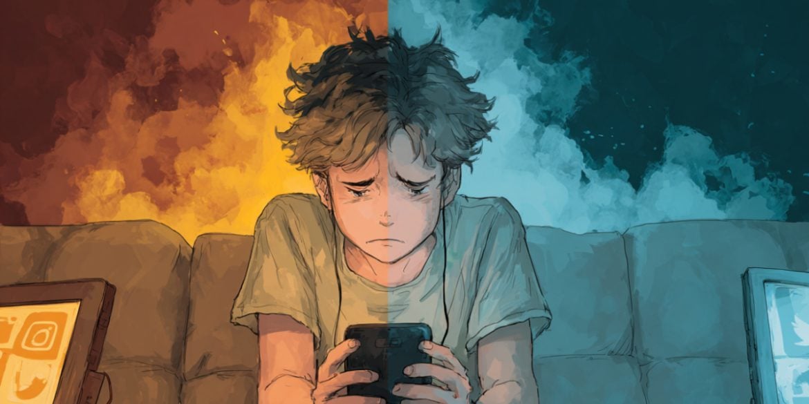 This shows a sad teen on a phone.