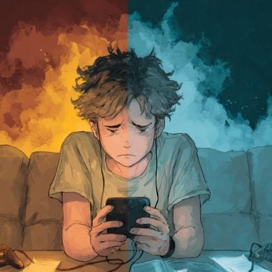 This shows a sad teen on a phone.