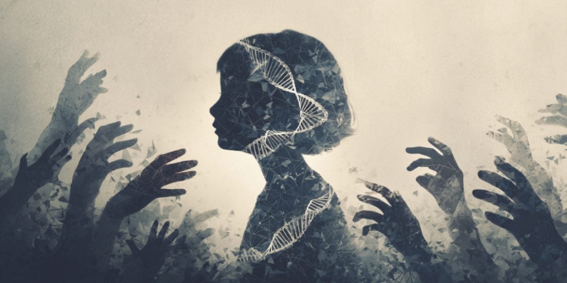 This shows a child surrounded by hands and DNA.