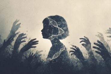 This shows a child surrounded by hands and DNA.