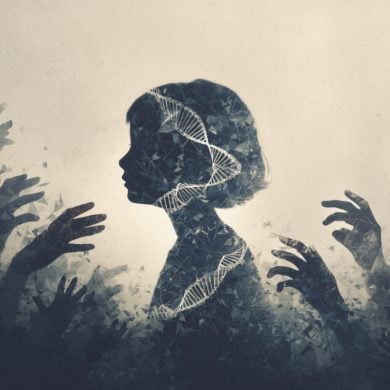 This shows a child surrounded by hands and DNA.