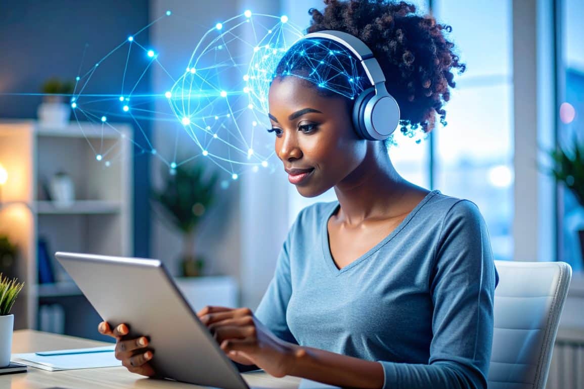 This shows a woman wearing a brain stimulation headset, focused on looking at her computer.