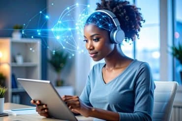This shows a woman wearing a brain stimulation headset, focused on looking at her computer.