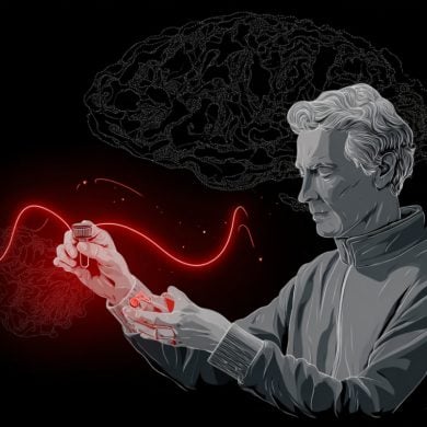 This shows a man, a brain, and blood vials.