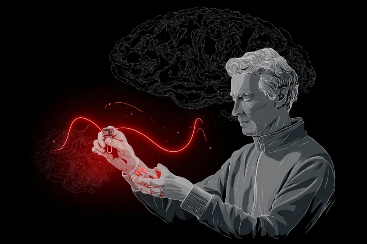 This shows a man, a brain, and blood vials.