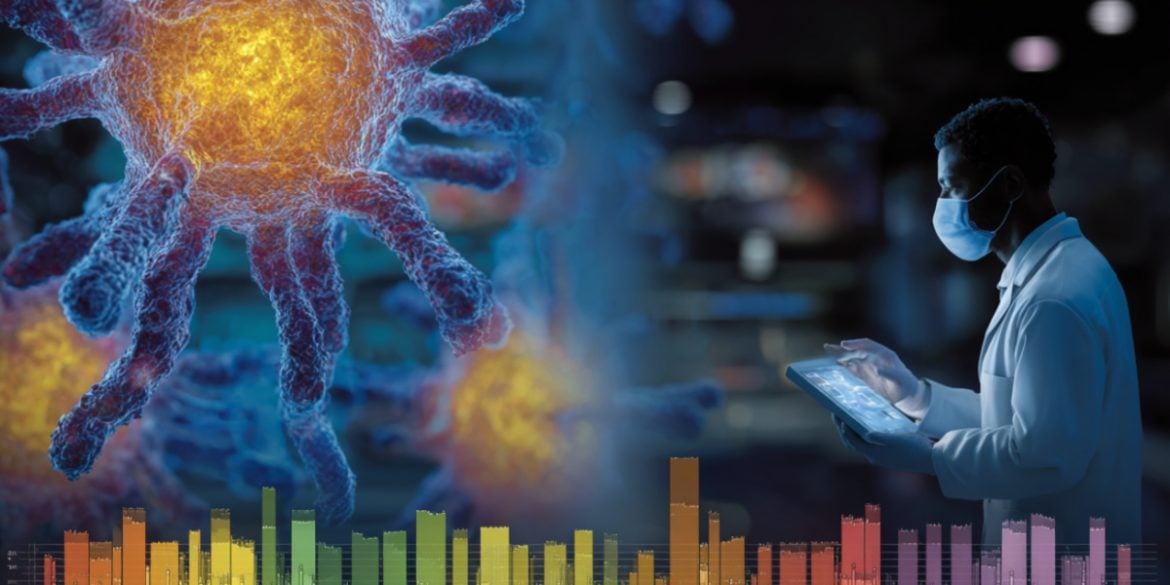 This shows a large viral cell and DNA with a researcher analyzing data in the background.