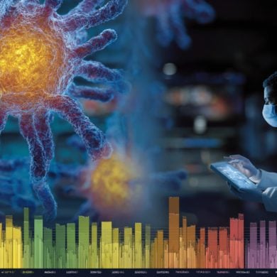 This shows a large viral cell and DNA with a researcher analyzing data in the background.