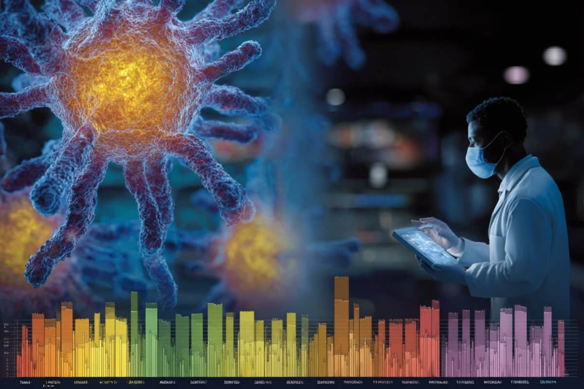 This shows a large viral cell and DNA with a researcher analyzing data in the background.