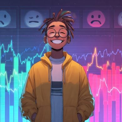 This shows a person smiling, surrounded by positive looking avatars.
