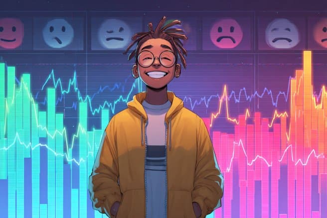 This shows a person smiling, surrounded by positive looking avatars.