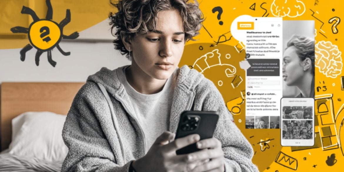 This shows a teen looking at a phone.