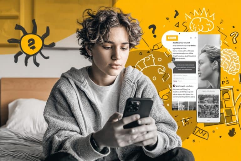 This shows a teen looking at a phone.