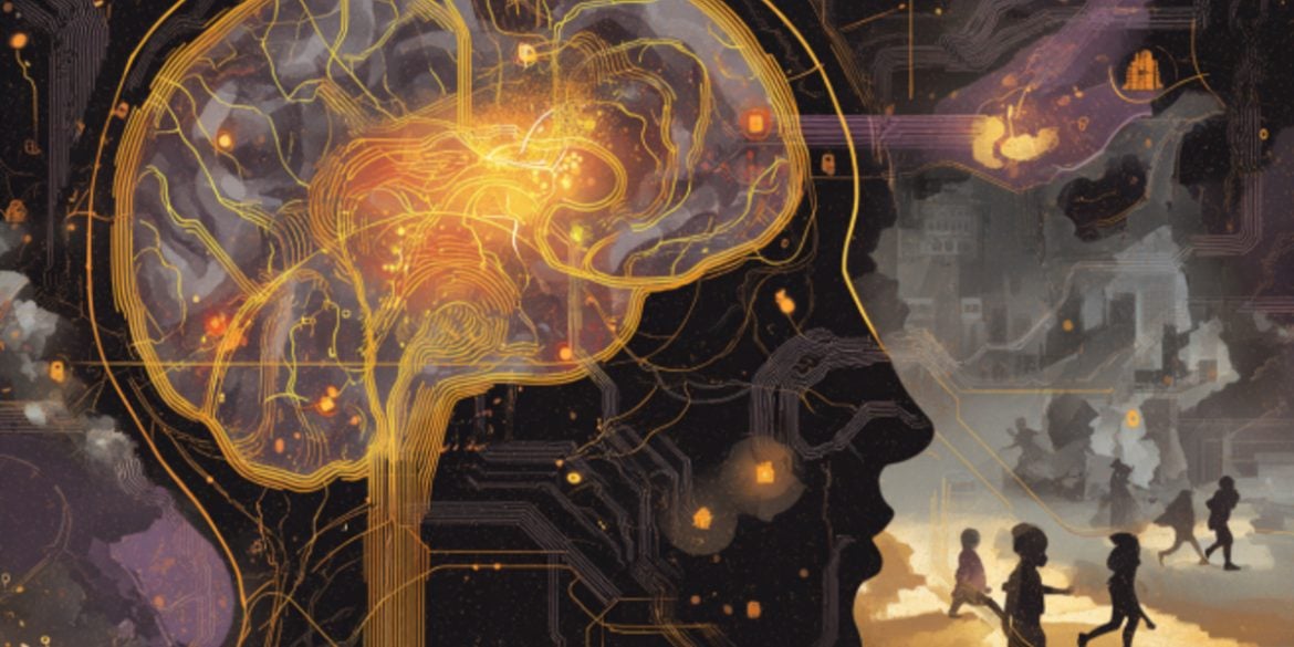 This shows the outline of a head and brain. There are children running in the background.