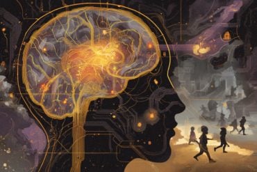 This shows the outline of a head and brain. There are children running in the background.