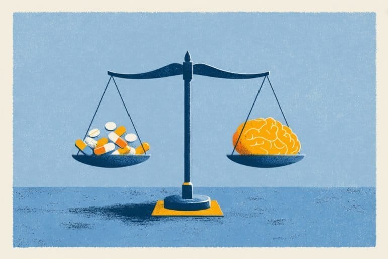This shows pills and a brain on scales.