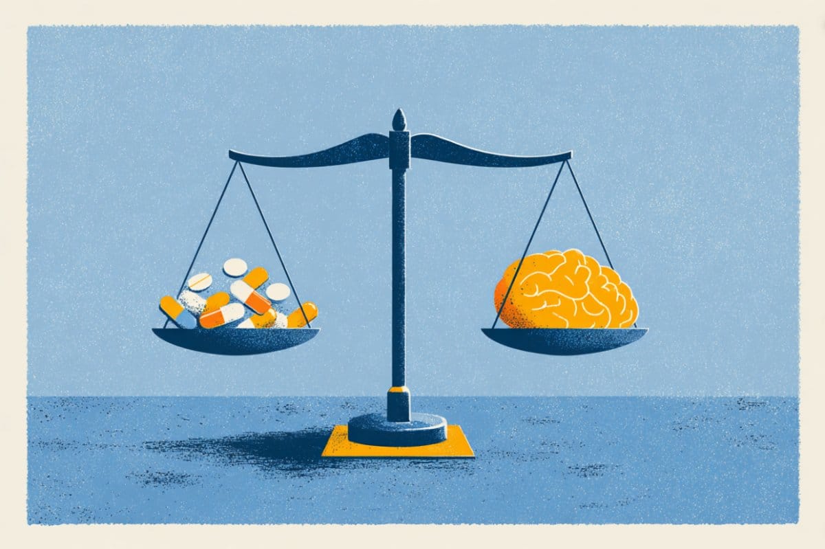 This shows pills and a brain on scales.