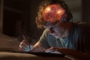 This shows a teen and a glowing brain.