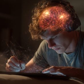 This shows a teen and a glowing brain.