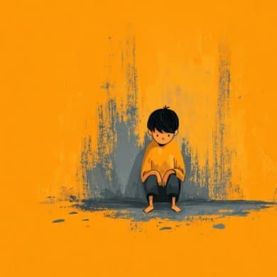 This shows a child sitting alone.