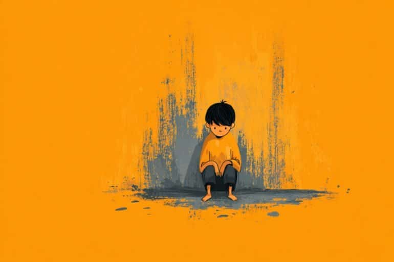 This shows a child sitting alone.