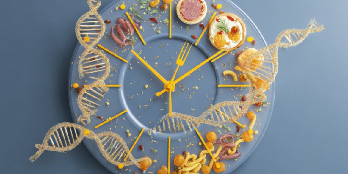This shows a clock, food, and DNA.