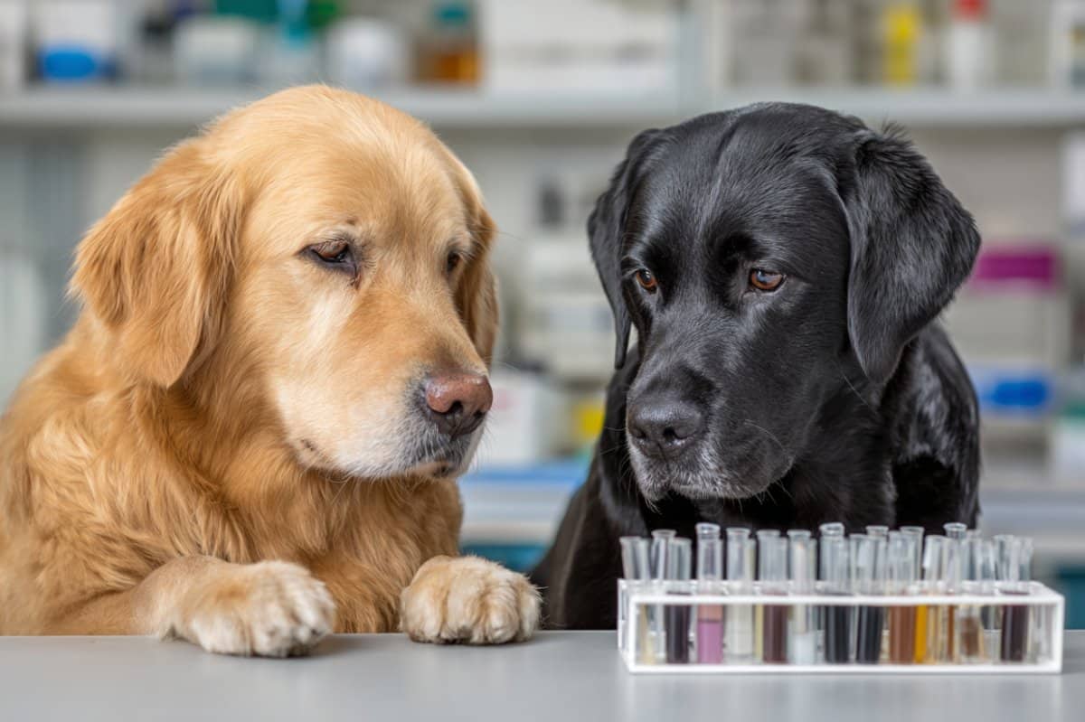 This shows two dogs in a lab setting.