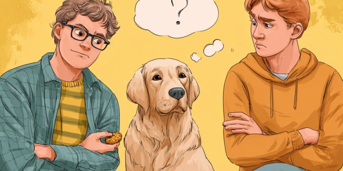 This shows two people, a dog, and a question mark.